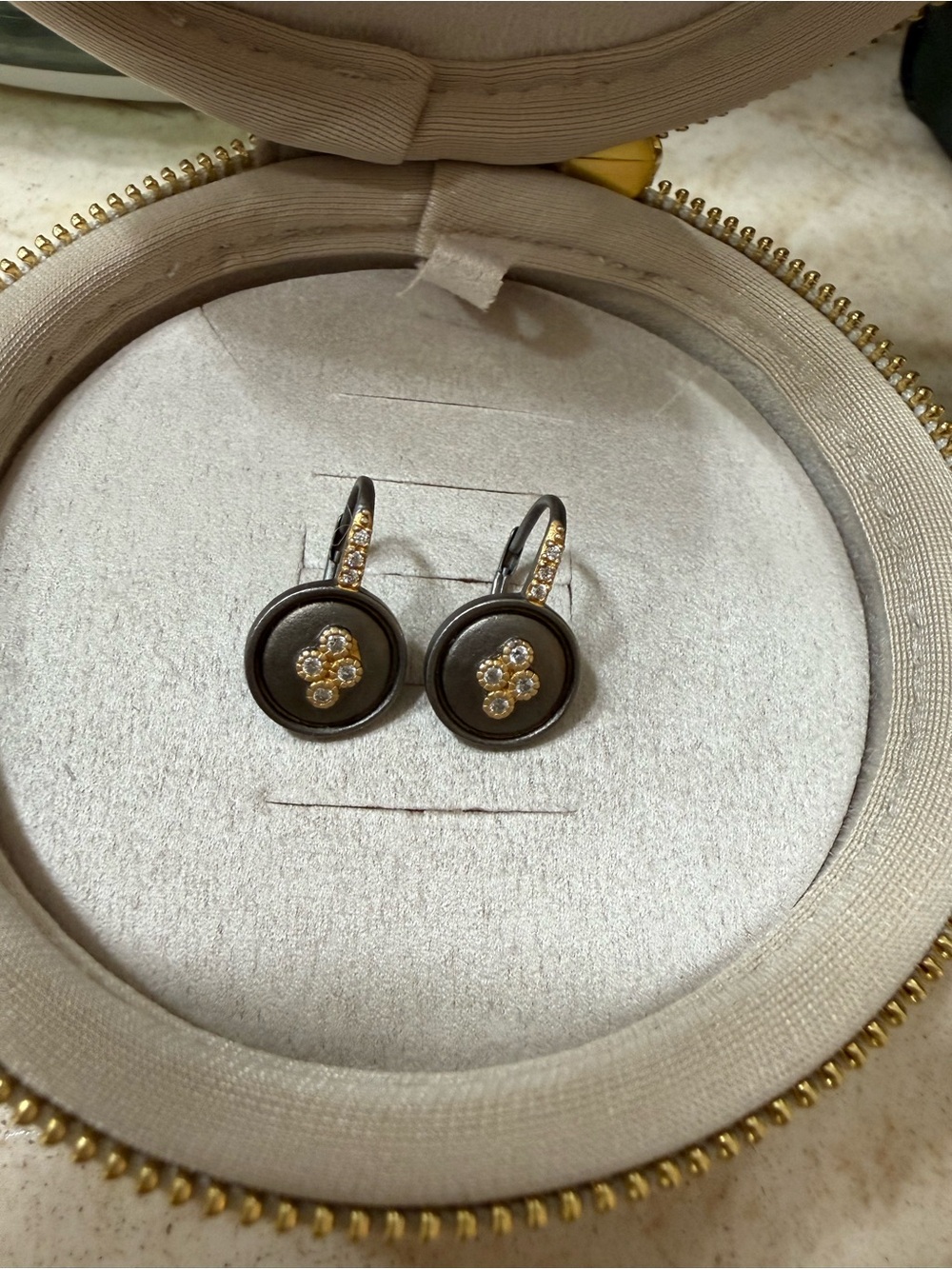Black Button Drop Earrings with Gold Crystal Accents